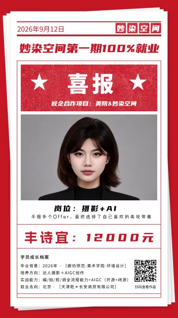 丰诗宜就业喜报，岗位摄影加AI，金额12000元